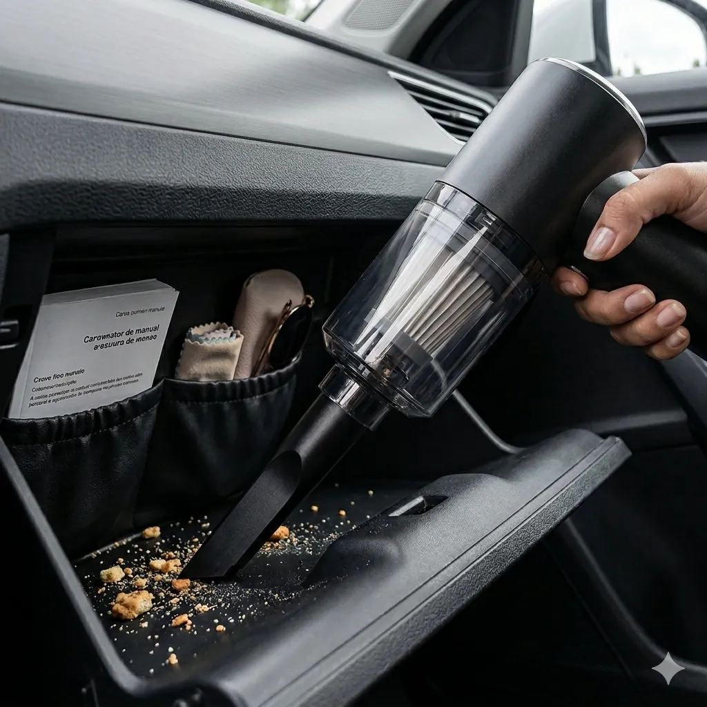 Aspirador automotivo portátil em uso no automóvel